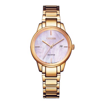 CITIZEN 星辰LADY系列光動能2021藍寶石雲朵白蝶貝不鏽鋼錶-金色29.0mm(EW2593-87Y)