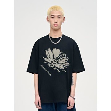 山小川潮牌花朵手繪圓領t恤男生夏季寬松衣服純棉重磅美式短袖男