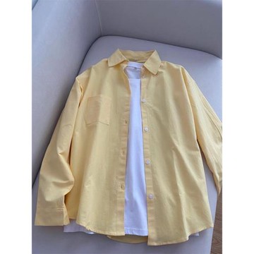 多巴胺奶黃色襯衫男夏季薄款防嗮長袖襯衣內搭疊穿高級感美式外套
