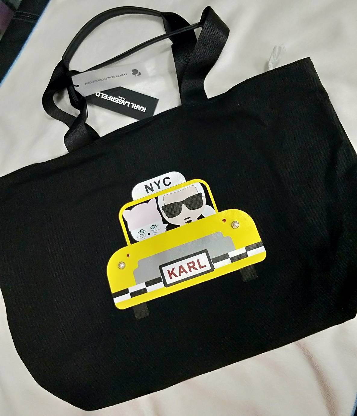 karl 限量卡爾老佛爺貓咪計程車厚帆布折疊大購物包(黑)