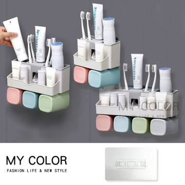 洗漱套裝 自動 擠牙膏器 牙刷架 杯架 收納架 置物架 杯套架 洗漱架 免打孔 類IKEA 漱口杯 北歐風 情侶 兩杯 三杯 四杯 多功能牙刷架 ♚MY COLOR♚【Q132】