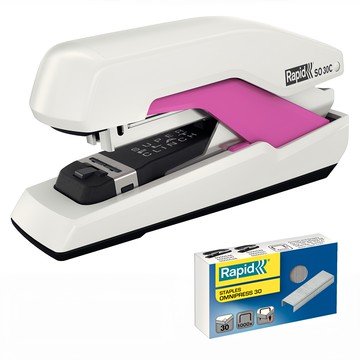Rapid Omnipress 完全平貼釘書機 SO30c + OMNIPRESS 30 釘書針  白色 + 粉色  1組