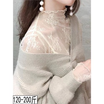 大碼蕾絲打底衫胖mm女裝秋冬季長袖性感內搭200斤半高領網紗內衣