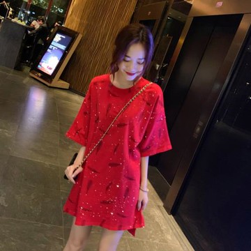 網紅短袖T恤女夏新款ins超火韓版潮百搭寬松中長款半袖港味體恤裙