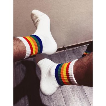 2雙,彩虹條紋運動襪子棉毛巾底加厚中筒男襪吸汗跑步籃球羽毛球襪