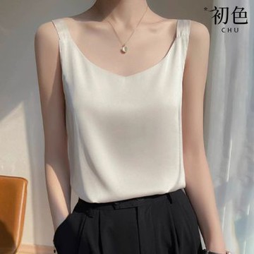 初色 純色U領無袖打底緞面背心上衣女上衣-共6色-13437(M-3XL可選)