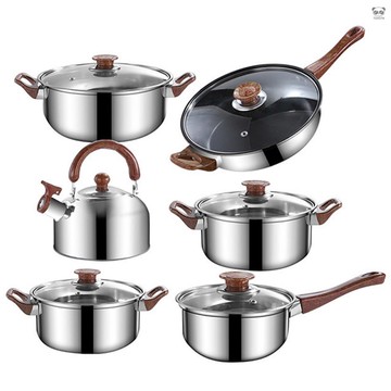 12件套不鏽鋼家用鍋具套裝帶蓋 帶3L水壺  輕便顛鍋 輕油少煙通用健康烹飪不沾鍋炊具組合 兼容電陶爐鹵素爐燃氣爐電磁爐