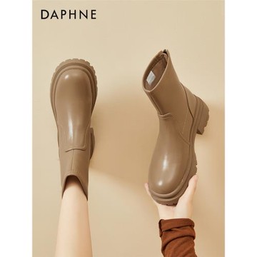 達芙妮女士短靴女2023年爆款秋冬加絨英倫風短筒靴粗跟厚底馬丁風