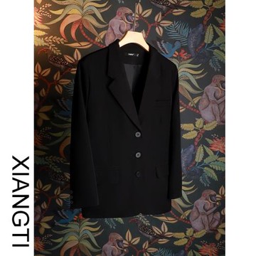 XT黑色西裝外套女2025新款春秋寬松大版oversize廓形墊肩vintage