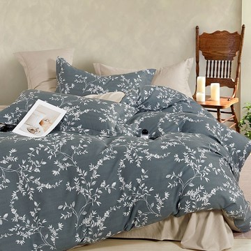 床包被套組(鋪棉兩用被套)-雙人 / 精梳純棉四件式 / 風絮禪葉 台灣製