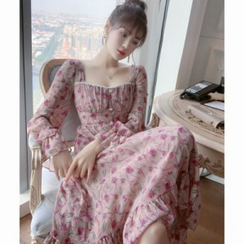 21新作 レディースワンピース 花柄 ピンク 復古風 長袖 四角襟 春 ロングワンピース 秋 フレアスリーブ フリル裾 通販 Lineポイント最大get Lineショッピング