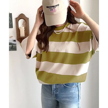 日本 Classical Elf - Java 純棉寬條紋落肩五分袖上衣-果綠x米杏