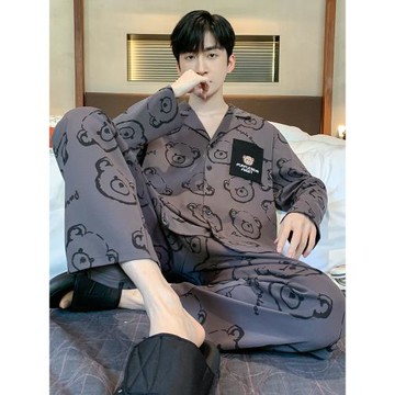 男士睡衣春秋款純棉長袖卡通熊青少年男款全棉式家居服可外穿套裝