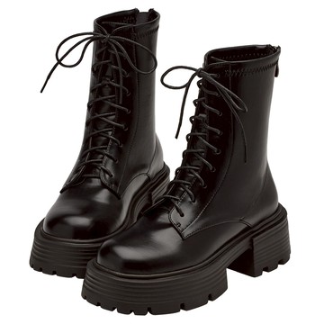 【Grace Gift】短靴 女鞋【帥氣女團輕量厚底綁帶瘦瘦短靴】1色 35-41號 靴子 厚底短靴 綁帶 軍靴