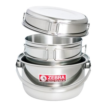 ZEBRA THAILAND 露營鍋具3件組 SUS304不鏽鋼  鍋具組 + 提袋  銀色  1組