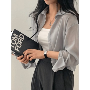 Codibook｜韓國 sugar powder 馬卡龍透視短版襯衫［預購］雪紡襯衫 女裝