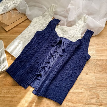 無袖針織綁帶背心女年新款春夏小個子短款吊帶甜辣法式上衣潮