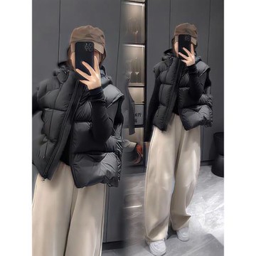 羽絨馬甲女2025秋冬新款白鴨絨馬夾小個子連帽寬松泡芙背心短外套