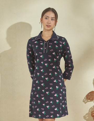 ★【喜芝梅】藍海心曲 甜美愛心印花襯衫型翻領連身洋裝(藍色；M-2L) 224080369