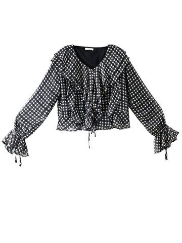 格紋荷葉邊V領開襟襯衫(0S000013000) - earth music&ecology