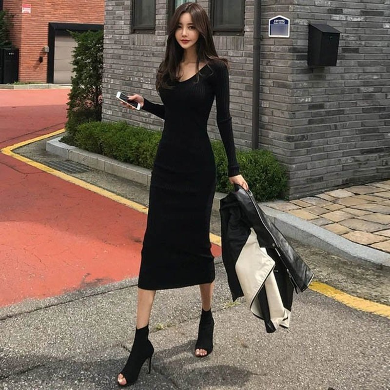 ロングワンピース 長袖 ニットワンピース レディース 黒 着痩せ タイトワンピース ニットワンピ 春 秋 冬 ミモレ丈ワンピース 通販 Lineポイント最大get Lineショッピング