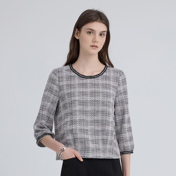 ILEY伊蕾 格紋花呢立體織帶滾邊上衣(紫；M-XL)