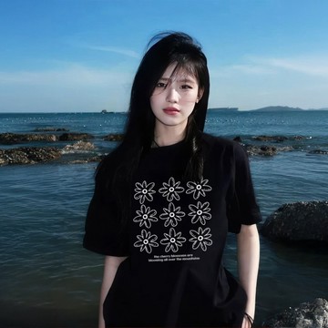 黑色短袖T恤新款寬鬆體卹純棉打底獨特漂亮巨好看女生上衣 印花寬鬆情侶短袖T 上衣女 美式t  韓版T 大學T