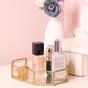 歐式風復古銅條玻璃盤下午茶蛋糕托盤甜品盤收拾化妝品首飾收納盤