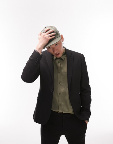 Topman stretch super skinny textured suit jacket in black