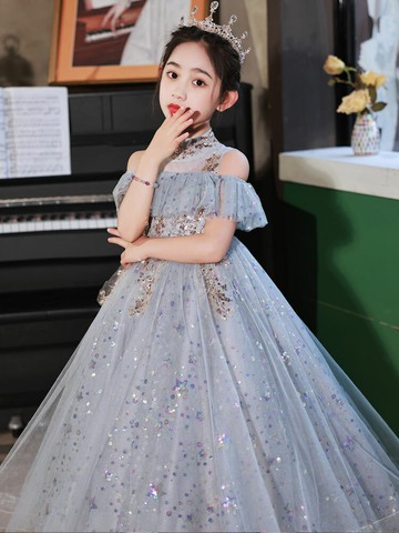 女童公主裙洋氣女孩花童生日主持人鋼琴演出服兒童高端走秀晚禮服