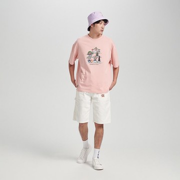 江戶勝 日系 男裝 多盆栽寬版短袖T恤(淺粉紅) #上衣