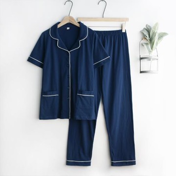 簡約系~睡衣男女春夏季純棉針織薄款寬松短袖長褲情侶家居服套裝