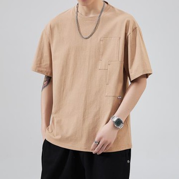 日系復古口袋設計短袖t恤男夏季高街潮牌簡約純棉圓領半袖體恤衫