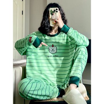 春季新款小熊條紋睡衣女長袖純棉可愛休閑圓領可外穿家居服秋套裝