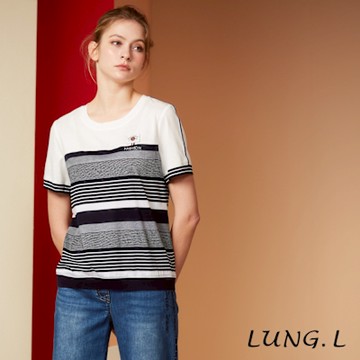 LUNG.L林佳樺 深藍色粗細條紋拼接白色素面短袖棉質女裝上衣LS66A
