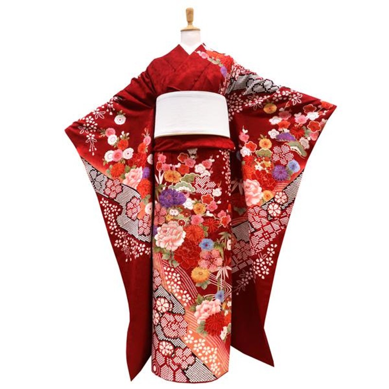 美しい赤色の振袖 着物 花柄 絹 未仕立て品 【公式通販】