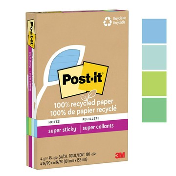 【3M】Post-it 利貼 狠黏 環保橫格便條紙 101x152mm（45張 /本）混色4本 /盒 4621R-4SST