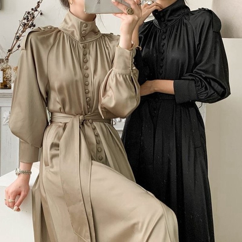 ワンピース レディース ドレス 英国風 レトロ 長袖 ロング スカート リボン付き ウエストマーク 上品 大人 お呼ばれ 無地 ハイネック スタンドカラー 通販 Lineポイント最大0 5 Get Lineショッピング