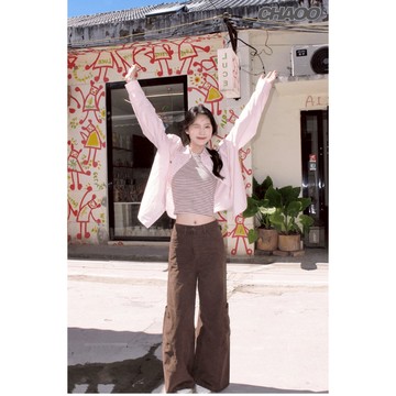 日系 長袖襯衫+工字背心+休閒褲 三件套 襯衫 長版上衣 粉色上衣 背心女 工字背心 黑白條紋背心 褲子 長褲 休閒褲