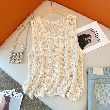夏季2026年大碼女裝復古鏤空針織背心女寬松無袖罩衫外搭吊帶上衣