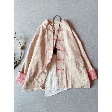 新中式國風春季女裝老布提花棉麻手工盤扣禪意對襟開衫短外套上衣