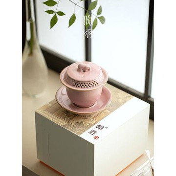 陶瓷三才蓋碗窯變大號單個粉汝鈞瓷高檔功夫茶具家用帶蓋泡茶碗