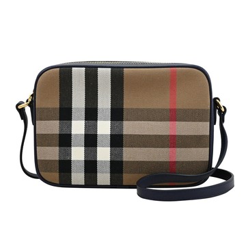 BURBERRY 8084496 格紋帆布斜背拉鍊相機包.深藍邊