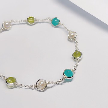 小圓點_天河石_橄欖石_珍珠 可調式純銀手鍊