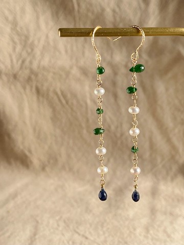 沙弗萊 石榴石 藍寶石 淡水珍珠 || 輕珠寶 14KGF注金 耳環