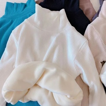 潮酷出行~韓版童裝冬裝新品男童女童細坑條磨毛加絨高領打底衫T恤 男童打底上衣 刷毛保暖上衣 內搭T恤 兒童長袖上衣