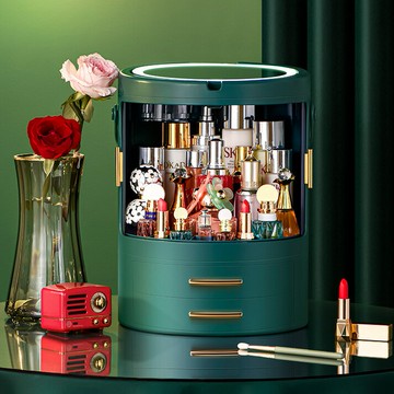 化妝品收納盒旋轉收納盒桌面抽屜式化妝收納盒帶鏡子LED 99購物節