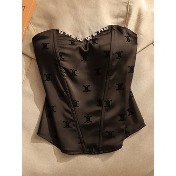 黑色字母魚骨抹胸吊帶背心女帶胸墊防滑設計性感辣妹上衣外穿內搭