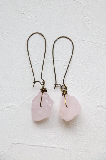 粉晶礦石耳環 天然石手工耳環 天然石耳環  古銅耳環