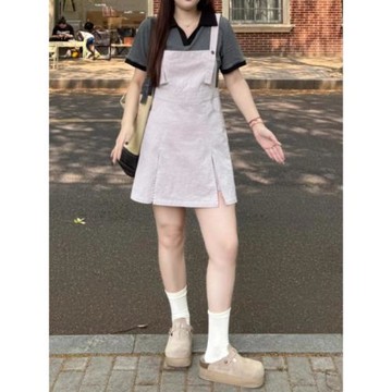 大碼撞色拼接假兩件背帶裙女夏季新款胖mm顯瘦掐腰短袖a字連衣裙